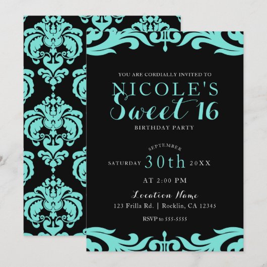 Invitation Noir & Sarcelle Élégant Chic Damas Soirée Douce 16 (Devant / Derrière)
