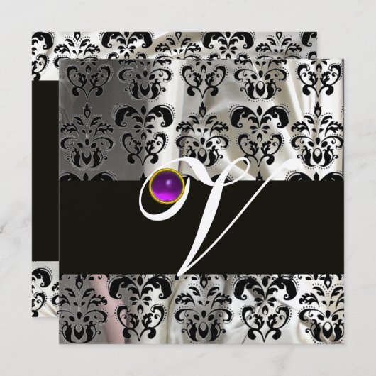 INVITATION NOIR SILK BLANC DOMMASK MONOGRAM PURPLE AMÉTHYST (Devant / Derrière)