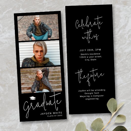 Invitation Noir Simple Moderne Script 3 Photo Graduation