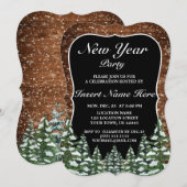 Invitation Noir Snowy Bois & Pin Forêt Fête du Nouvel An (Devant / Derrière)