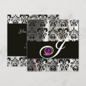 INVITATION NOIR SOIE DAMASSÉE ARGENTÉE MONOGRAMME VIOLET AMÉT (Devant / Derrière)