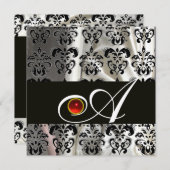 INVITATION NOIR  SOIE DAMASSÉE BLANC MONOGRAMME  RUBIS ROUGE (Devant / Derrière)