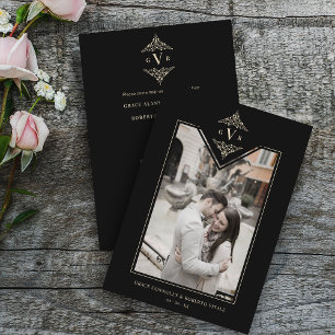 Invitation Noir Sophistiqué Flourish Chic Golden Initiales