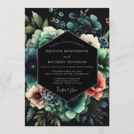 Invitation Noir Teal Bloom Wedding (Devant)