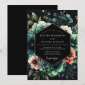Invitation Noir Teal Bloom Wedding (Devant / Derrière)