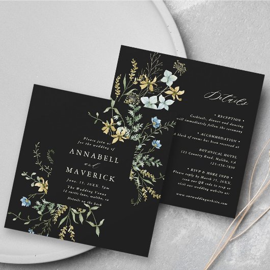 Invitation Noir tout en un Fleur sauvage Boho Mariage