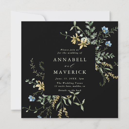 Invitation Noir tout en un Fleur sauvage Boho Mariage (Devant)