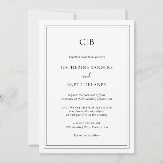 Invitation Noir traditionnel et blanc tout en un Mariage (Devant)