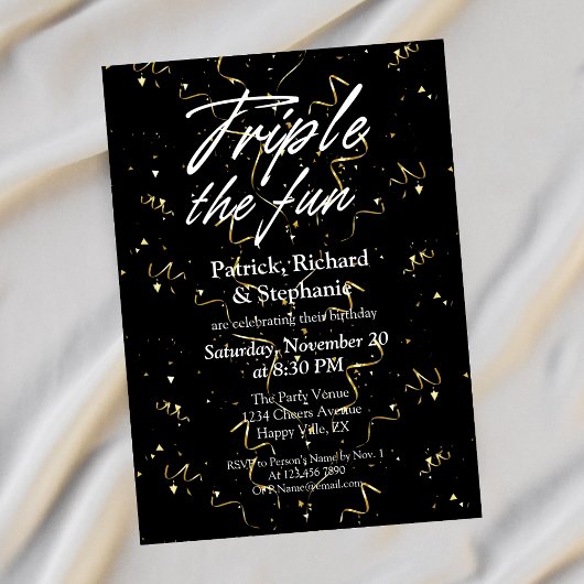 Invitation Noir Triple la Fête Amis Anniversaire Commun