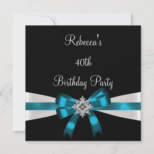 Invitation Noir Turquoise Bijou Bow 40e Anniversaire élégant (Devant)