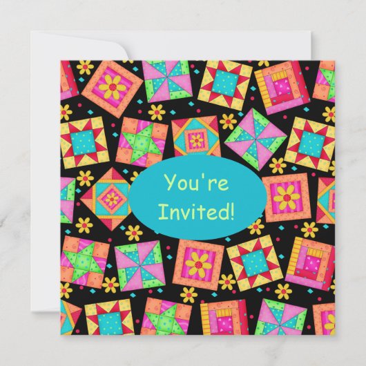 Invitation Noir Turquoise Coloré Patchwork Quilt Block Art (Devant)