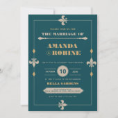 Invitation Noir Turquoise & Or Vintage Mariage élégant (Devant)