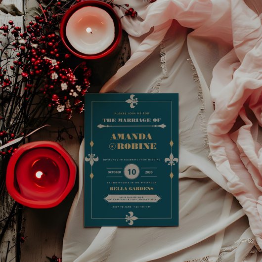 Invitation Noir Turquoise & Or Vintage Mariage élégant