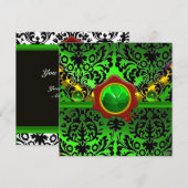 INVITATION NOIR  VERT DAMAS, TRÈFLE, SCEAU DE CIRE ROUGE MONO (Devant / Derrière)