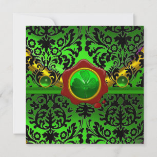 INVITATION NOIR VERT DAMAS, TRÈFLE, SCEAU DE CIRE ROUGE MONO