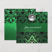Invitation NOIR & VERT DAMASSÉ PIERRE GEMME MONOGRAMME glace (Devant / Derrière)