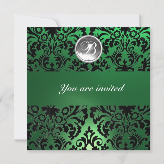 Invitation NOIR & VERT DAMASSÉ PIERRE GEMME MONOGRAMME glace (Devant)