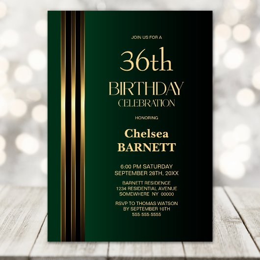 Invitation Noir vert rayé or Anniversaire tout âge