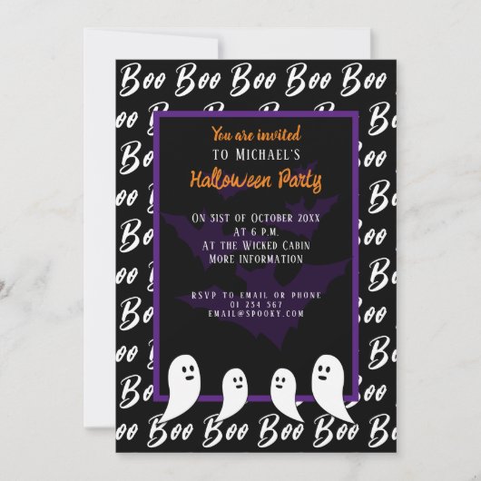 Invitation Noir violet blanc bot Halloween fantôme (Devant)