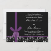 Invitation Noir violet blanc Damas FAUX conception ruban (Devant)