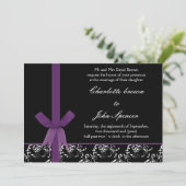 Invitation Noir violet blanc Damas FAUX conception ruban (Debout devant)