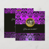 Invitation NOIR VIOLET DAMAS MONOGRAMME, agate grise (Devant / Derrière)