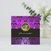 Invitation NOIR VIOLET DAMAS MONOGRAMME, agate grise (Debout devant)