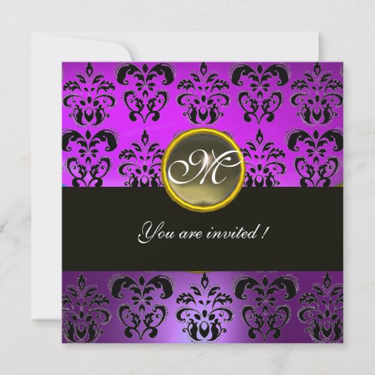 Invitation NOIR VIOLET DAMAS MONOGRAMME, agate grise (Devant)