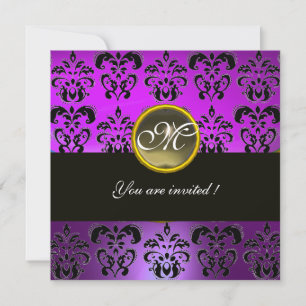 Invitation NOIR VIOLET DAMAS MONOGRAMME, agate grise
