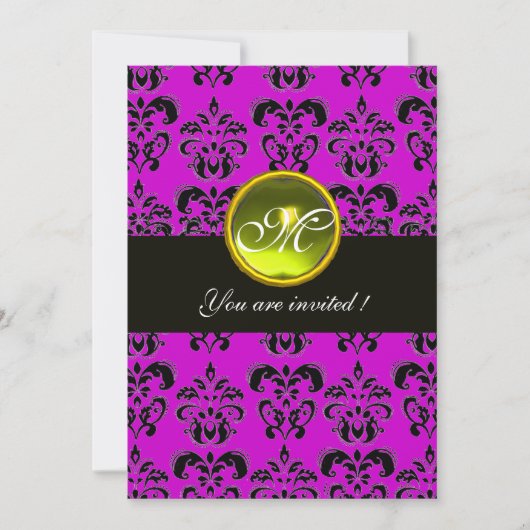 Invitation NOIR VIOLET DAMAS MONOGRAMME, topaze jaune (Devant)