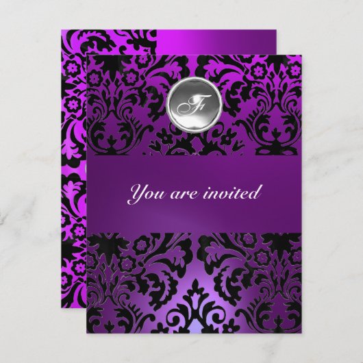 INVITATION NOIR & VIOLET DAMASSÉ MONOGRAMME PIERRE PRÉCIEUSE (Devant / Derrière)
