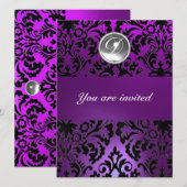 Invitation NOIR & VIOLET DAMASSÉ PIERRE GEMME MONOGRAMME glac (Devant / Derrière)