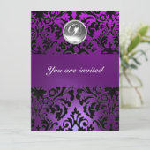 Invitation NOIR & VIOLET DAMASSÉ PIERRE GEMME MONOGRAMME glac (Debout devant)