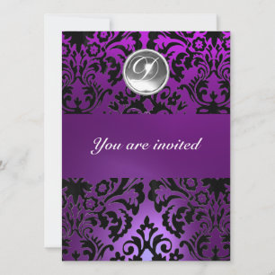 Invitation NOIR & VIOLET DAMASSÉ PIERRE GEMME MONOGRAMME glac
