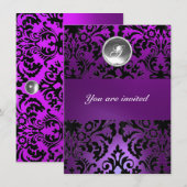 Invitation NOIR & VIOLET DAMASSÉ PIERRE GEMME MONOGRAMME glac (Devant / Derrière)