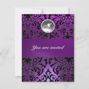 Invitation NOIR & VIOLET DAMASSÉ PIERRE GEMME MONOGRAMME glac