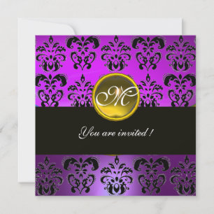 Invitation NOIR VIOLET MONOGRAMME EN DAMAS, topaze jaune