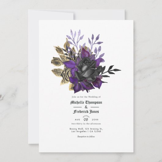 Invitation Noir violet or Floral Mariage gothique Code QR (Devant)