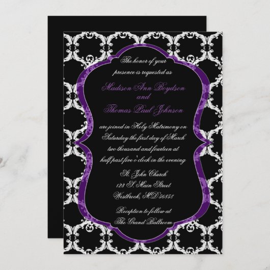 Invitation noire, blanche, et pourpre de mariage (Devant / Derrière)
