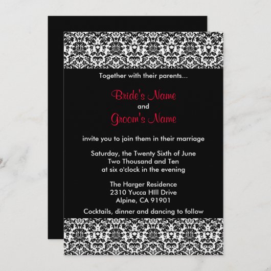 Invitation noire/blanche/rouge de mariage damassé (Devant / Derrière)
