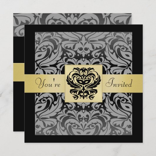Invitation noire de ruban d'or de damassé de (Devant / Derrière)