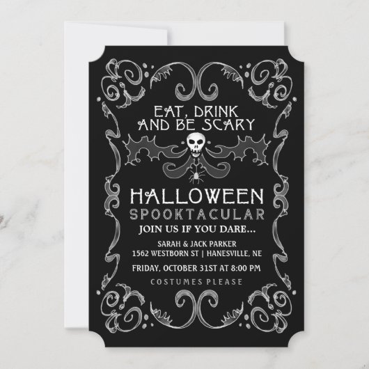 Invitation noire et blanche de Halloween de partie (Devant)