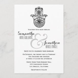 Invitation noire et blanche de l'Mariage Hamsa Han