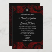 Invitation noire et rouge damas avec monogramme (Devant / Derrière)