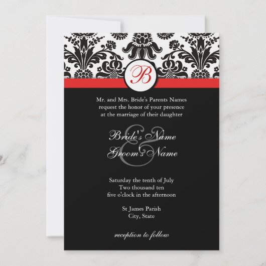 Invitation noire et rouge de mariage damassé (Devant)