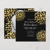 Invitation noire florale à feuille d'or moderne él (Devant / Derrière)