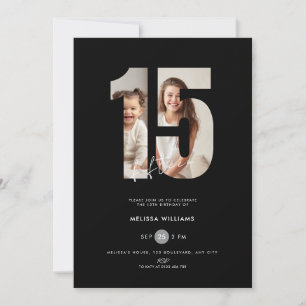 Invitation noire pour les 15 ans avec photo de fil