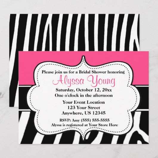 Invitation noire rose d'impression de zèbre (Devant / Derrière)