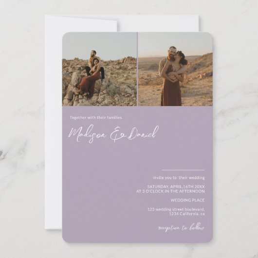 Invitation Nom de script de lavande 3 photos code qr mariage (Devant)