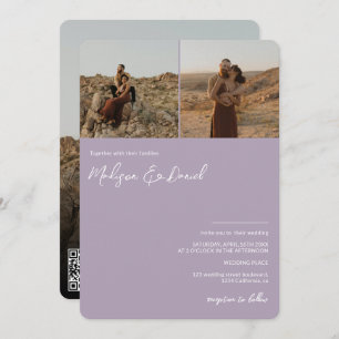 Invitation Nom de script de lavande 3 photos code qr mariage